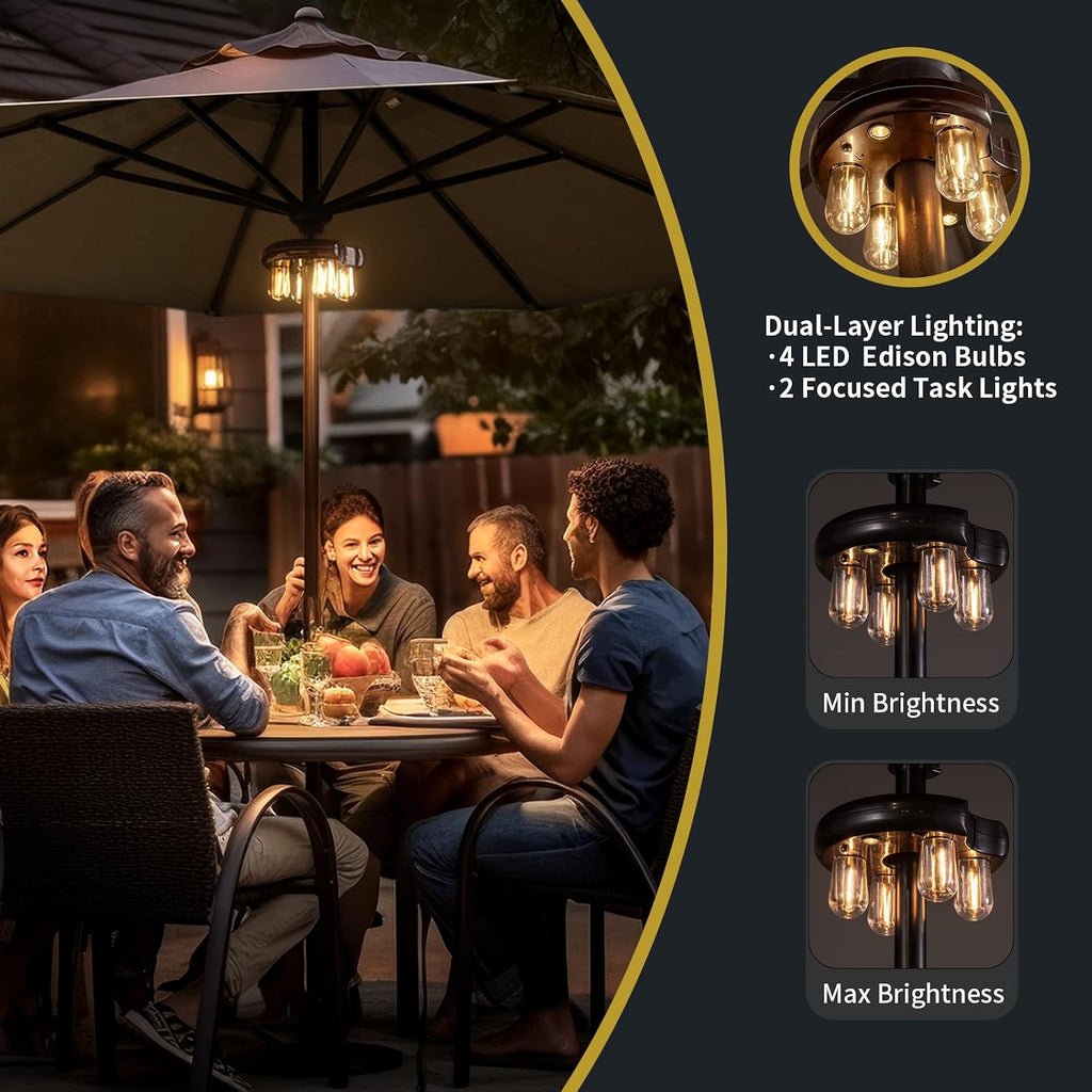 Patio Umbrella Light with Remote Control, Rechargeable Cordless LED Edison Bulbs Pole Light with 10 Brightness Levels -