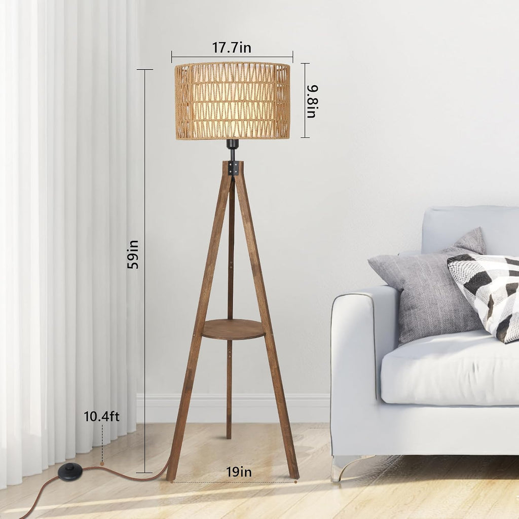 Boho Tripod Floor Lamps, Rattan Wood Floor Lamp with Fabric Shades, Mid Century Standing Lamp with Shelf, Foot Switch