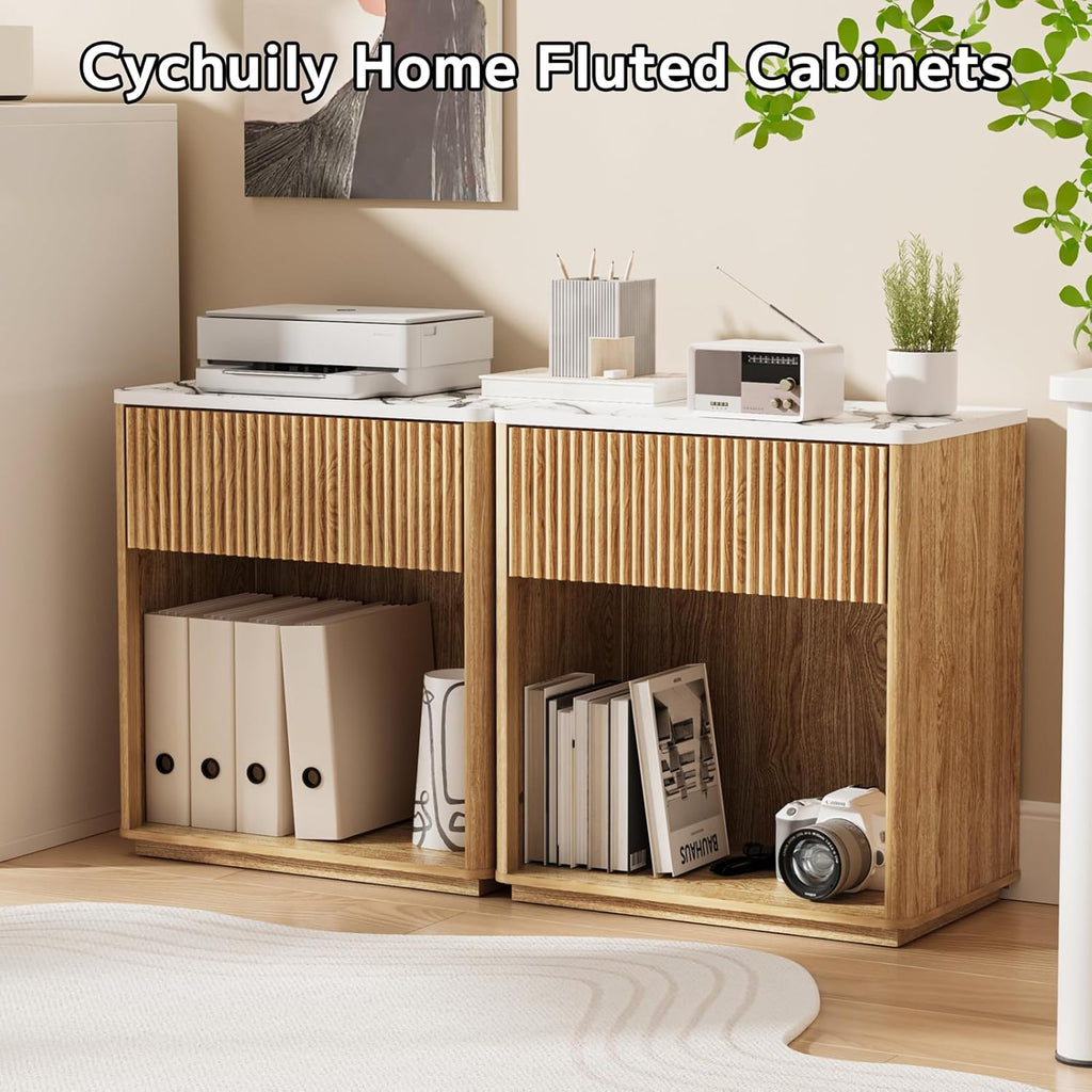 Modern Fluted Nightstand Set of 2 , Mid Century Bedside Table Set with Marble Top & Drawer, Wood End Table, 2