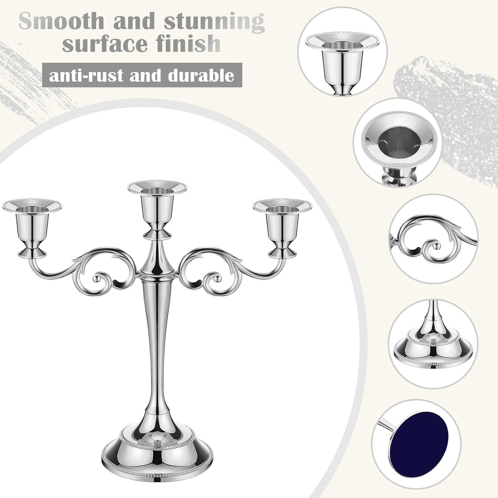 3 Pcs 3 Arm Metal Candelabra Candlestick Holders Tall Candlestick Holders Gothic Candle Holdery (Classic,10 Inch,Silver)