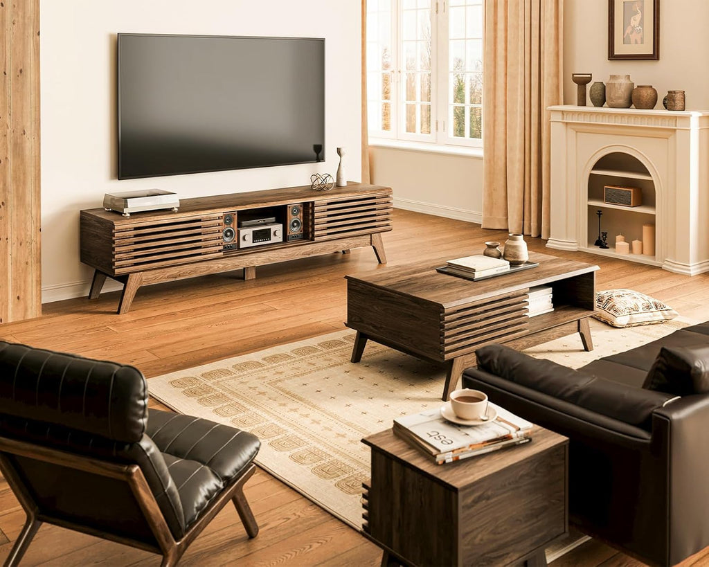 59" TV Stand for 55"/60"/65" TVs, Mid-Century Modern Fluted Entertainment Center with Sliding Doors, Storage Cabinets