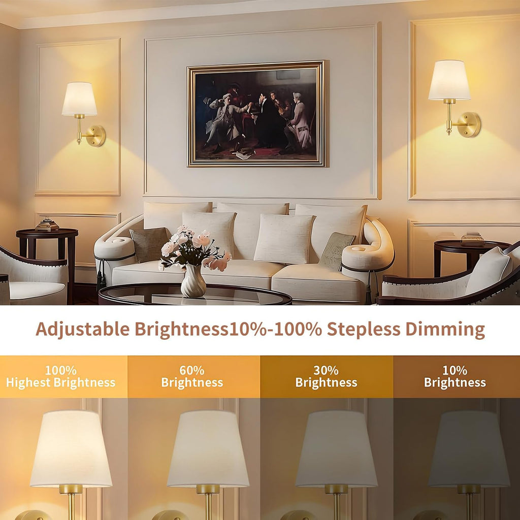 Battery Operated Wall Sconce Set of 2, Rechargeable Wireless Wall Lights with fabric Lampshade, 5200mAh Dimmable