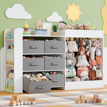 61"W Toy Storage Organizer with 6 Storage Bins, 3-Tier Kids Bookcase & 211L Stuffed Animal Holder, 3-in-1 Plush Toy