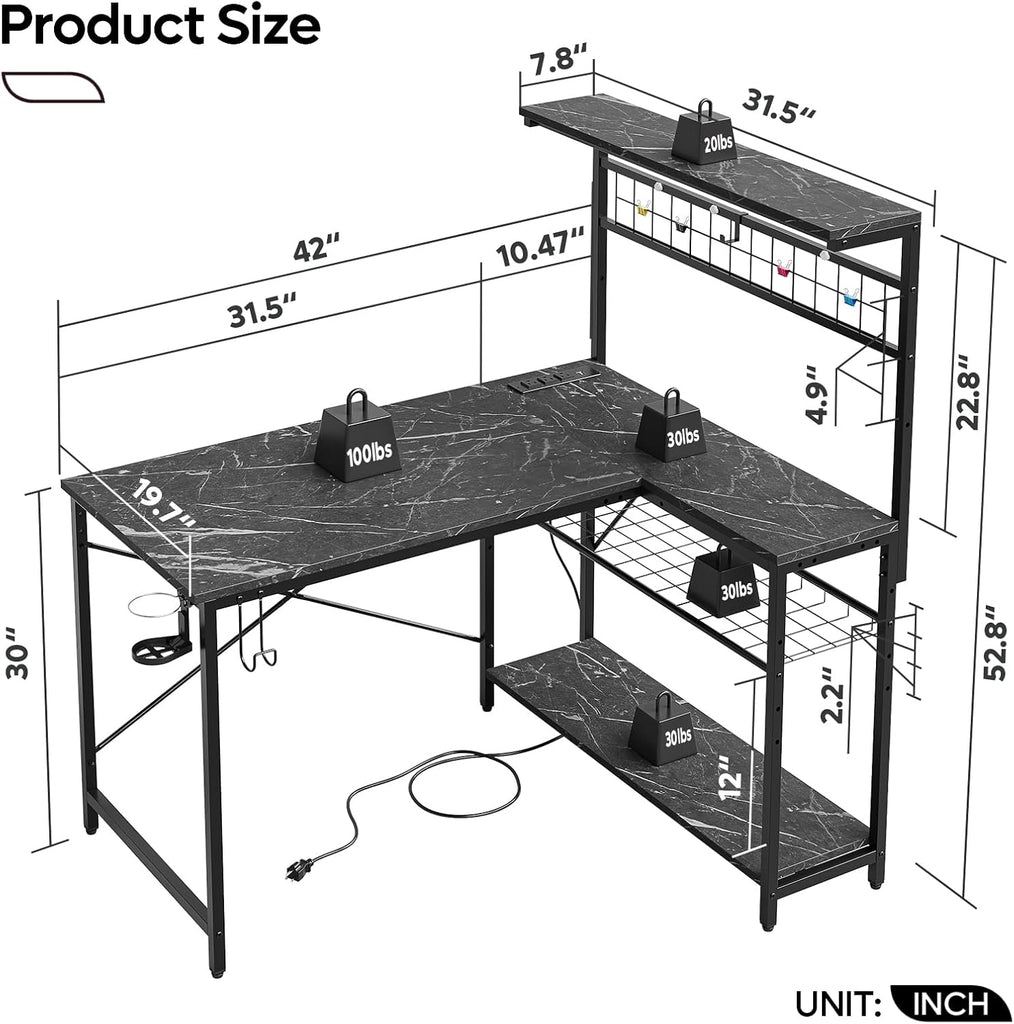 42 L Shaped Gaming Desk, Computer Desk with Power Outlets & LED Light, Reversible Corner Desk with Shelves