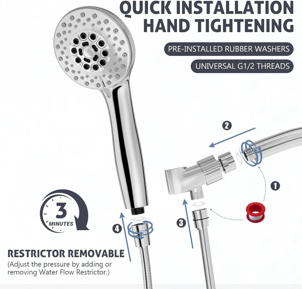 High Pressure Shower Head with Powerful Shower Spray & 59'' Stainless Steel Hose, 5 Spray Modes