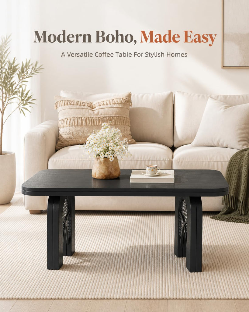 Boho Coffee Table, 39" Rattan Coffee Table with Arched Cane Legs, Mid Century Modern Rectangle Wood Center Table for