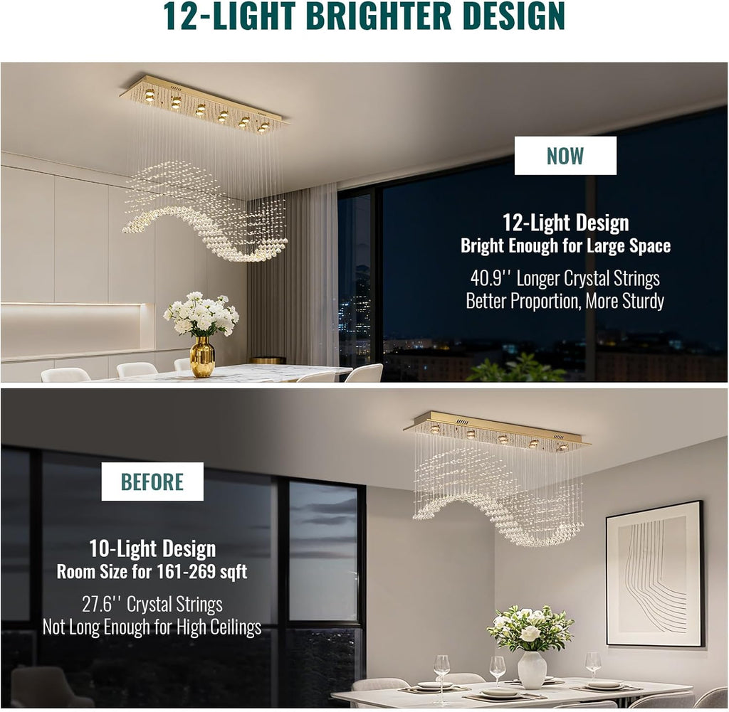 12-Lights Modern Crystal Chandeliers, Luxury Wave Raindrop Crystal Pedant Light Fixture, Rectangular Flush Mount