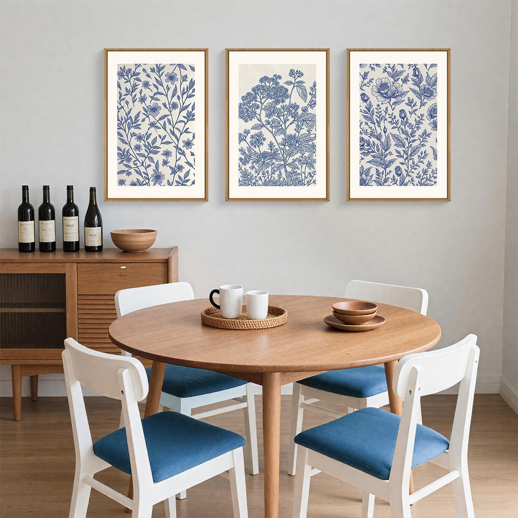 Large Classic Chinoiserie Flower Framed Canvas Wall Art Set,Minimalist Blue and White Floral Wall Decor,Navy