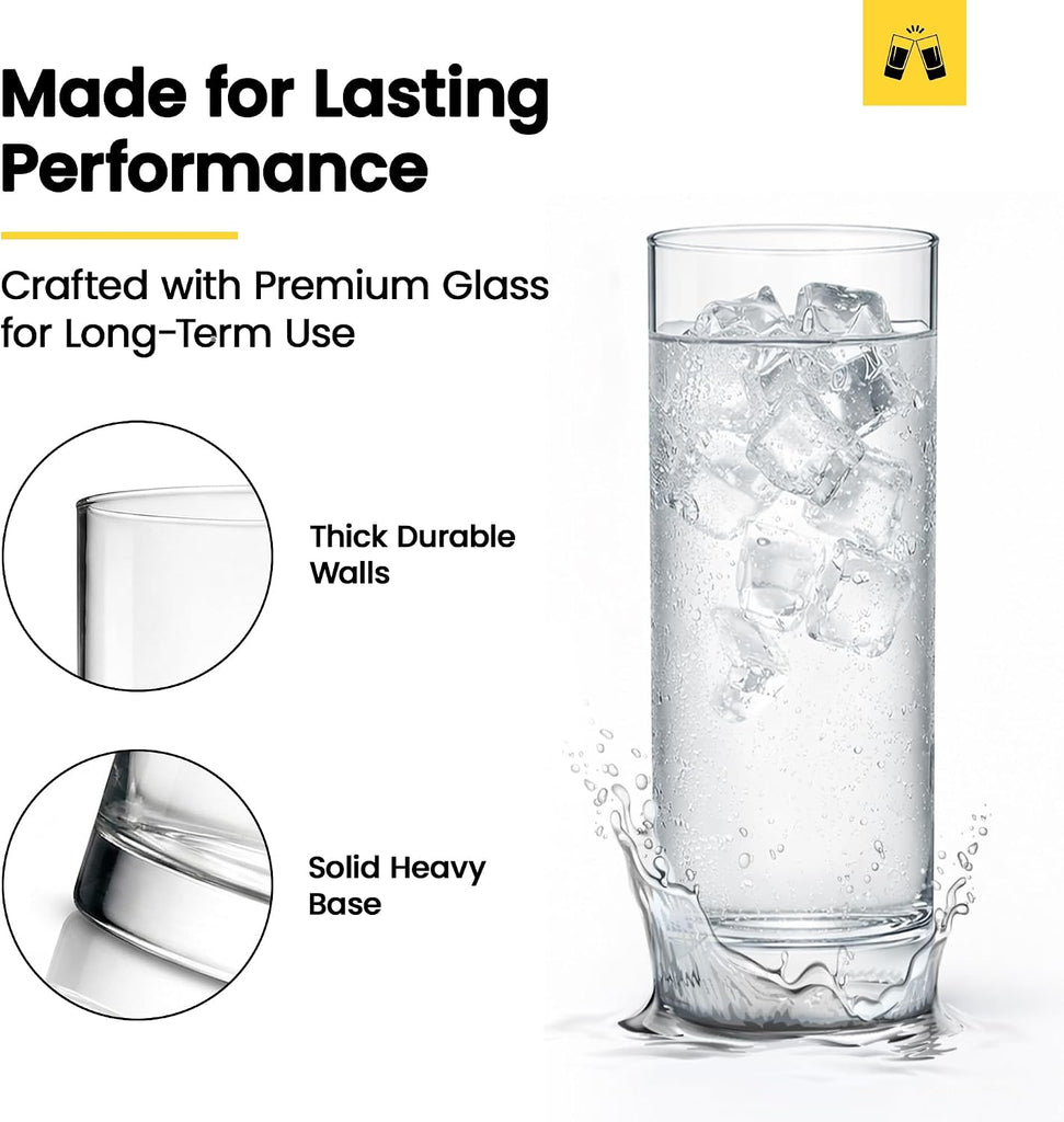 Premium Highball Glass Set | Tom Collins Glasses 12oz Set of 6 | Lead-Free Glass with Heavy Base | Dishwasher Safe