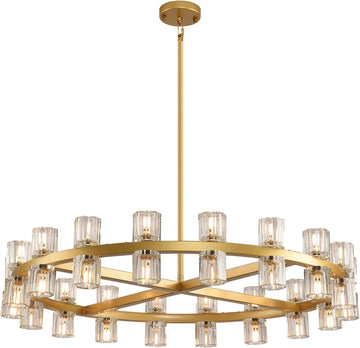 Modern Crystal Chandeliers 36in Gold Round Chandelier, Chandeliers for Dining Room, K9 Crystal Wagon Wheel Chandelier for Living Room,High Ceiling,Foyer,Entryway,Staircase (36xG4 Bulbs Included)