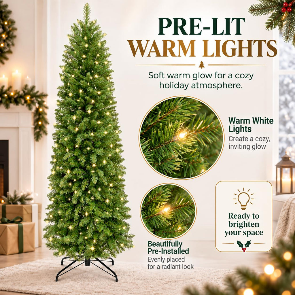 6FT Prelit Artificial Pencil Christmas Tree&Warm White Lights