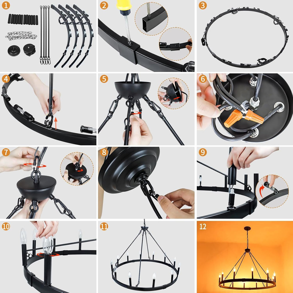 Black Wagon Wheel Chandelier 38 inch, 12-Light Black Round Industrial Farmhouse Chandeliers for High Ceilings Dining