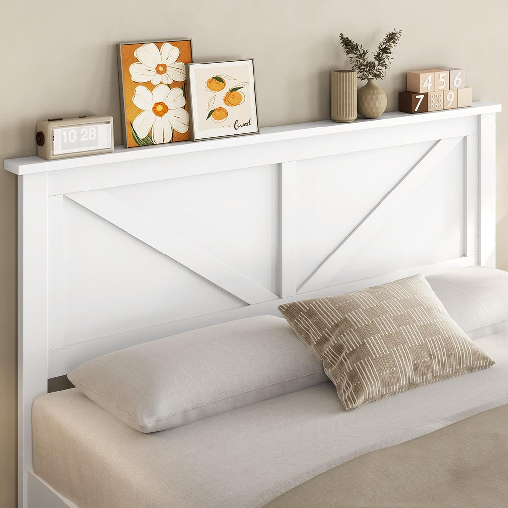 Full Bed Frame Wood Bed Platform with Headboard Solid Slat Support No Box Spring Needed Noise-Free Easy Assembly