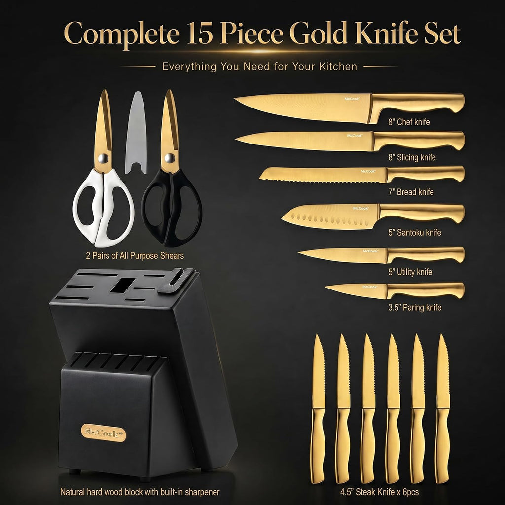 Knife Sets, Golden Titanium Stainless Steel Kitchen Knife Block Sets with Built-in Sharpener, 15 Piece Knives