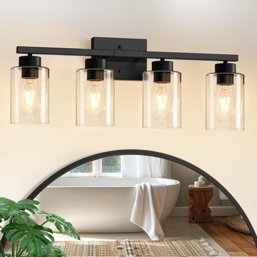 Modern Bathroom Light Fixtures, 4 Light Black Vanity Lights, Bathroom Lighting Fixtures Over Mirror with Clear Glass