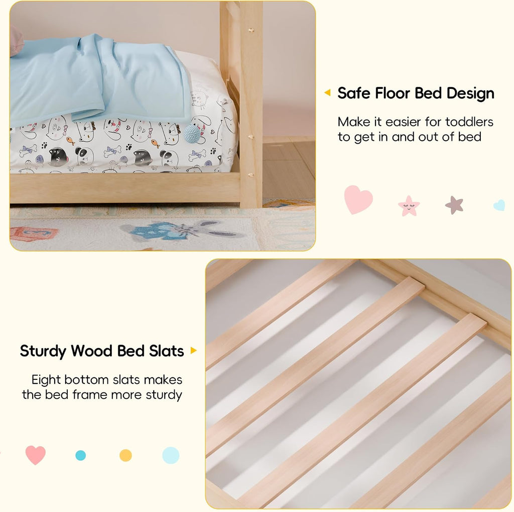Tw Bed, Montessori Floor Bed with Headboard & Footboard, Solid Wood Bed Frame for Toddlers Kids Bedroom, Natural