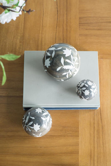 Set of 3 Ceramic Decorative Spheres - Handcrafted Floral Gray Orbs, Different Sizes, Decor, Tabletop Accent, Shelf