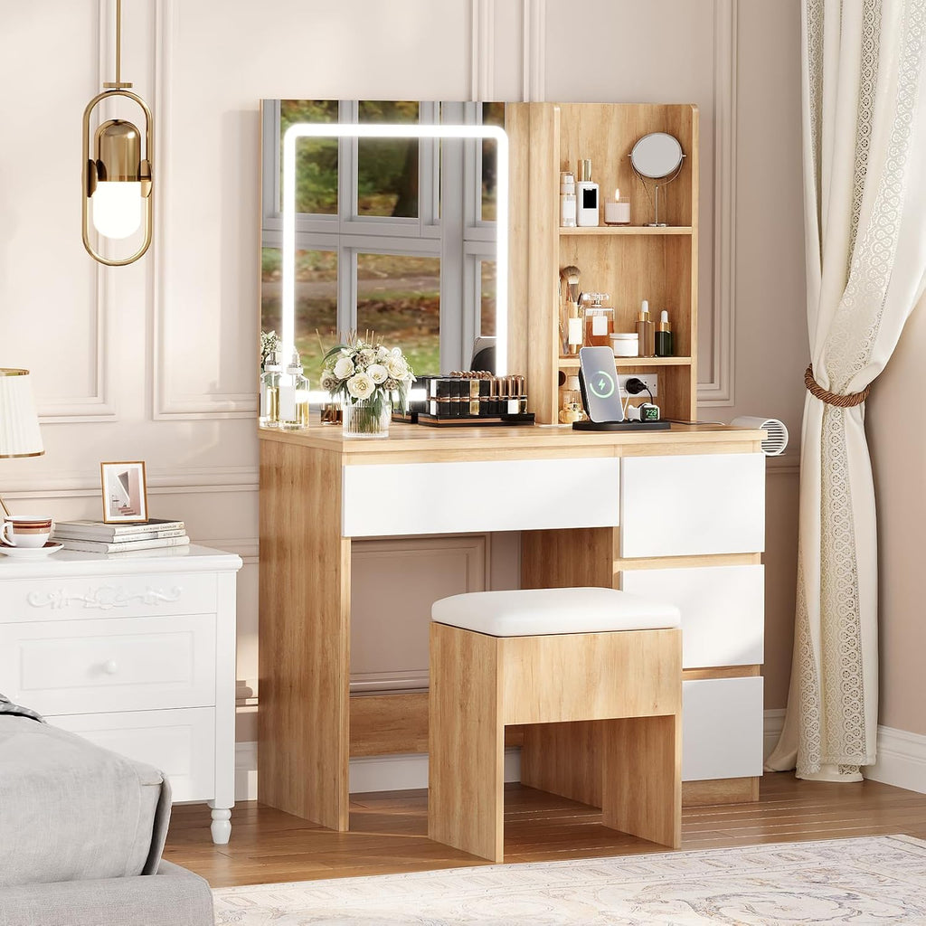 Makeup Vanity Desk with 3-Color LED Lighted Mirror, 4 Drawers & Power Outlet, Vanity Set with Charging Station