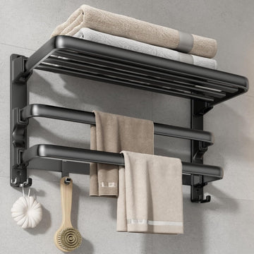 24-Inch Towel Rack,Bathroom Towel Shelf with 2 Towel Bar Foldable Towel Holder with 7 Hooks Towel Storage Organizer &