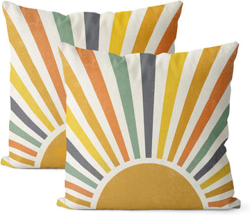 Summer Pillow Covers 18x18 Inch Set of 2, Stripes Yellow Sunshine Decorations Outdoor Throw Pillows Boho Summer