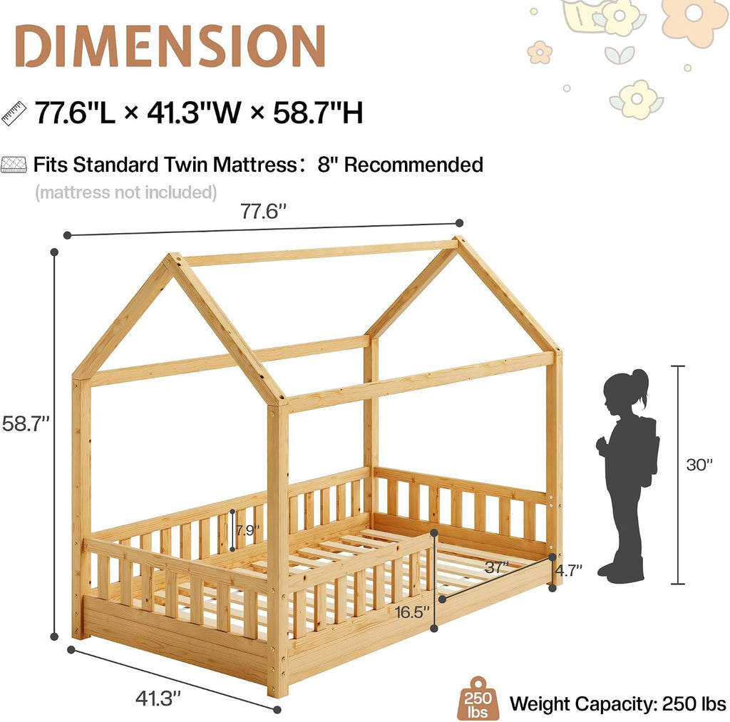 Twin Size House Bed for Kids with Guardrails, Natural Wood | 100% Solid Wood Construction, Removable Rails, Full