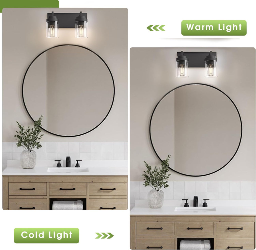 Bathroom Vanity Fixtures, 2 Light Matte Black Vanity Light with Clear Glass Shade, 15in Farmhouse wall Light