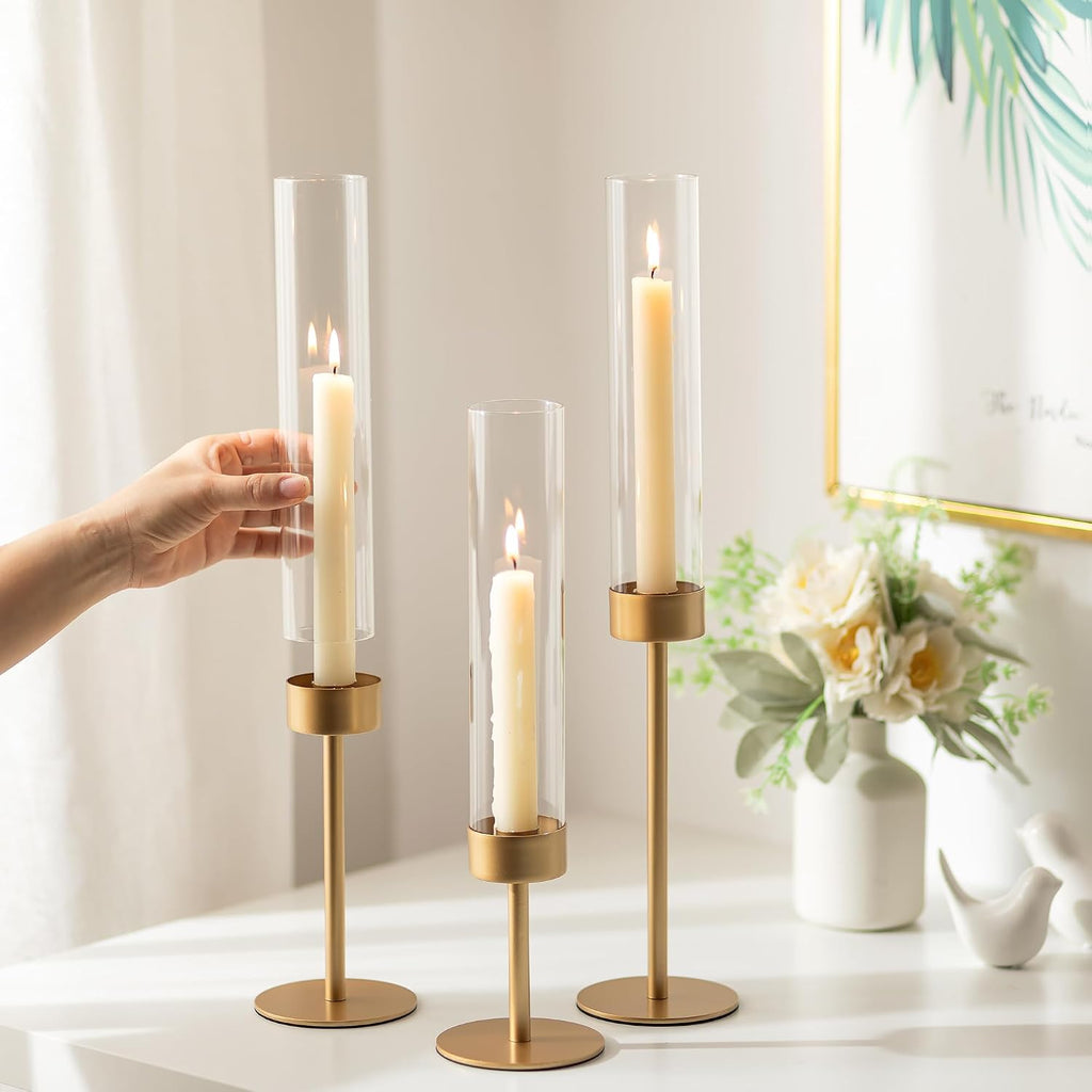 Glass Hurricane Candlestick Holders Gold - 18 PCS Taper Candle Holder Bulk Tall Clear Glass Cylinder Table