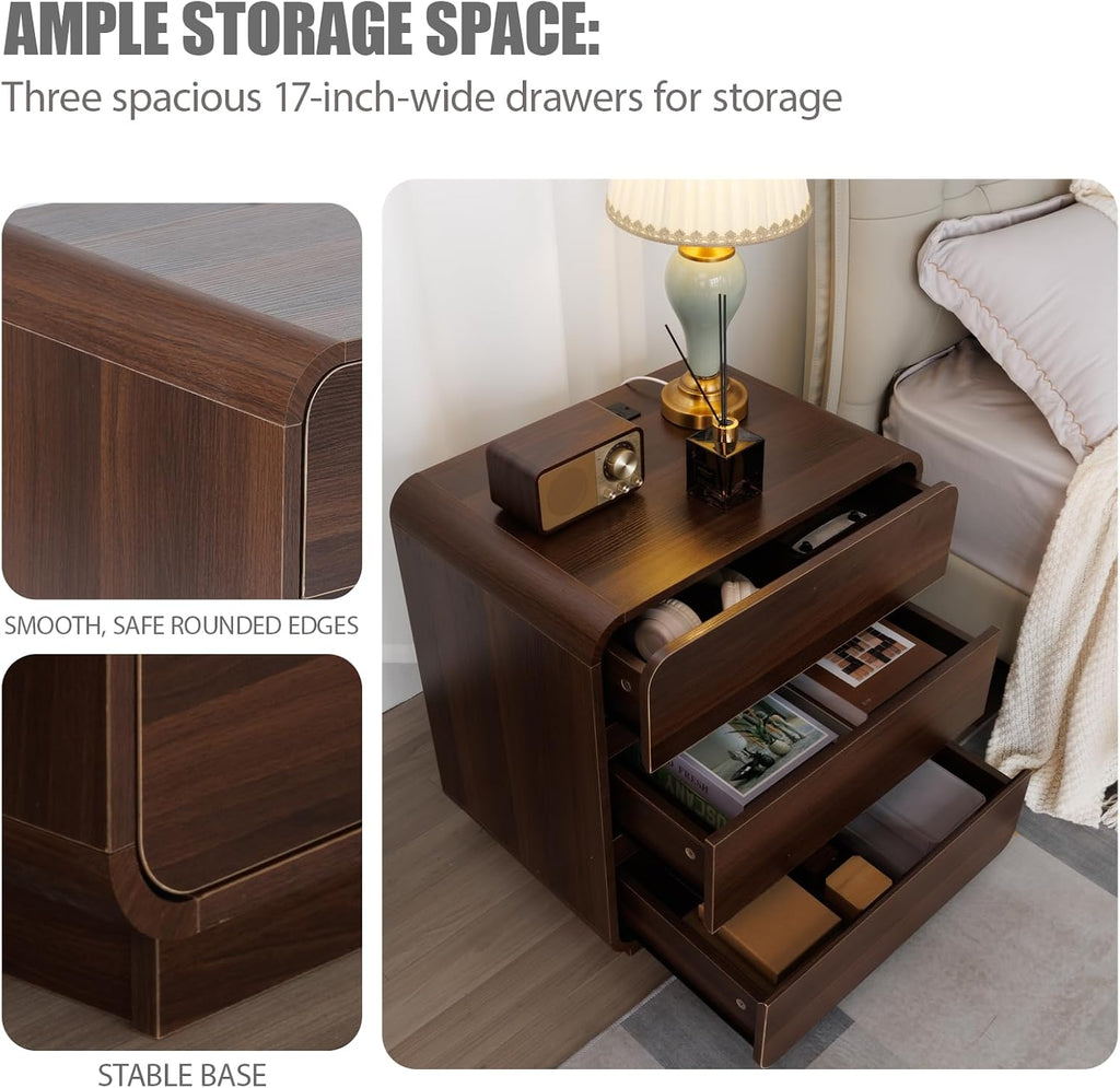 Modern Nightstand Set of 2 with Charging Station, Wood Bedside Table with 3 Drawers, Night Stands (Walnut)