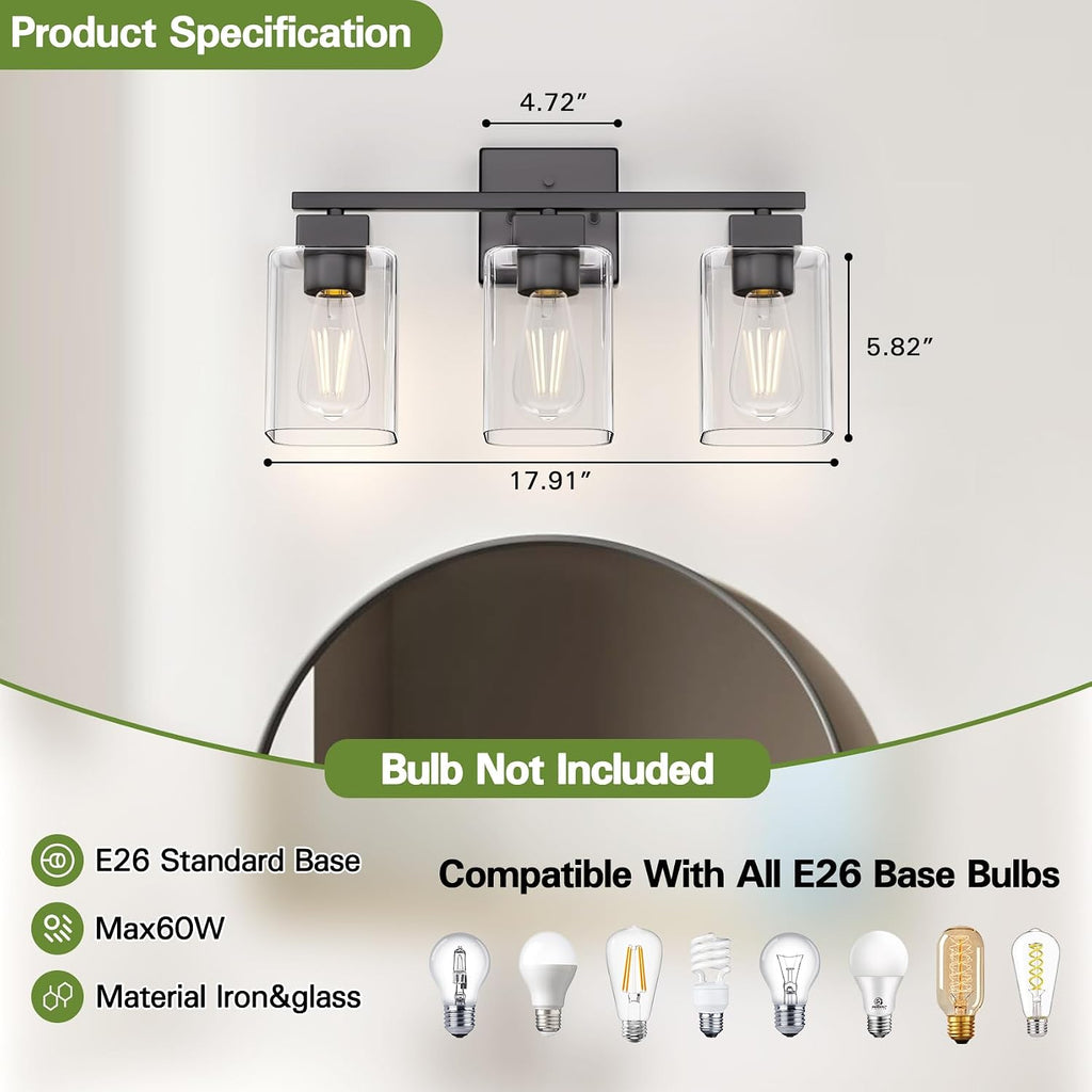 Matte Black Bathroom Vanity Light, 3-Light Vanity Lighting fixtures Over Mirror, Square Design & UL Certification