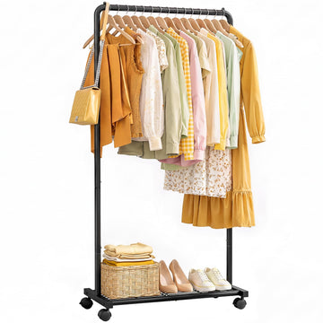 Clothes Rack - Clothing Rack with Storage Mesh Shelf & Casters, Heavy-Duty Metal Clothing Rack for Hanging Clothes