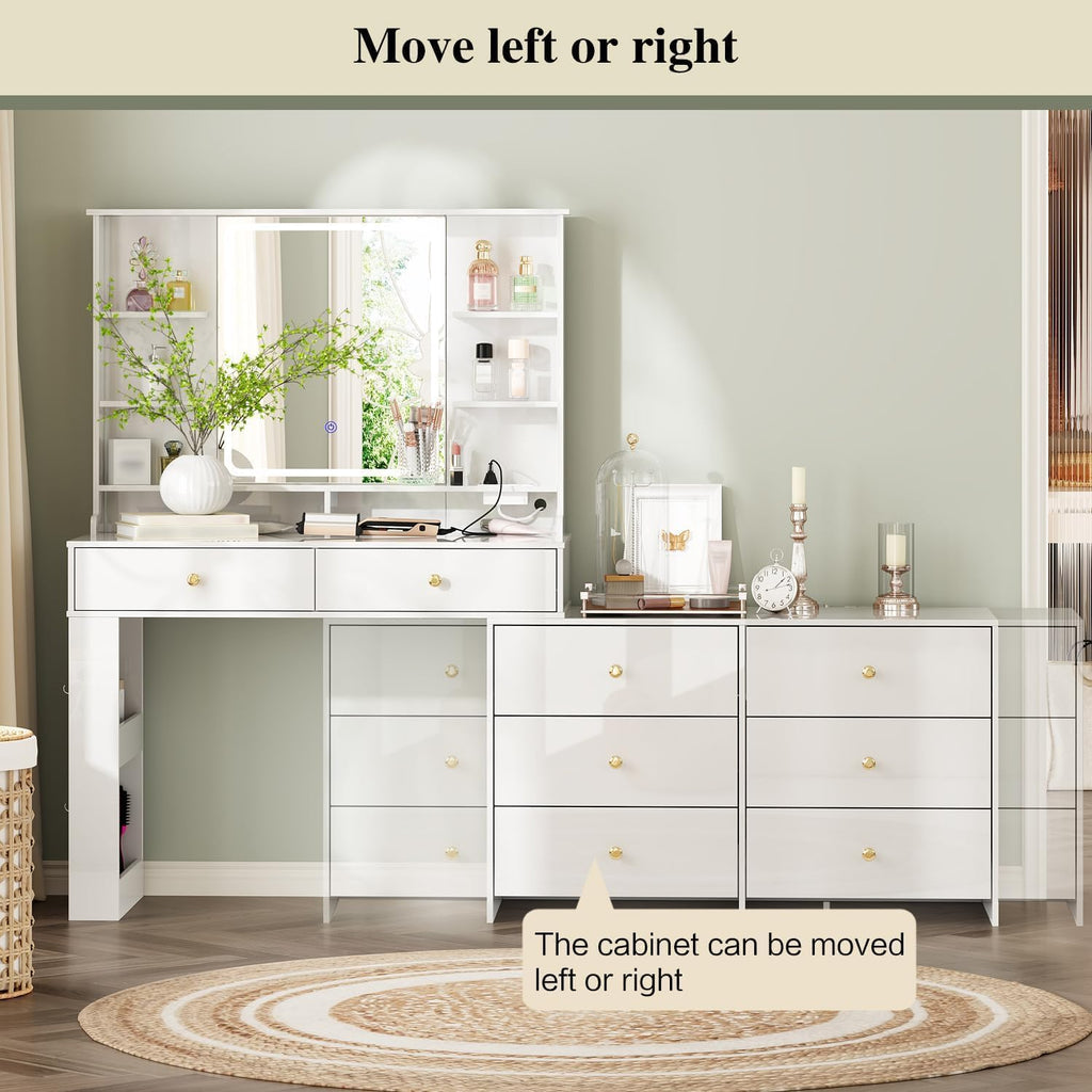 Makeup Vanity Desk with Mirror and Lights, Vanity Desk with 8 Drawers & Storage Shelves, Vanity Table with Power
