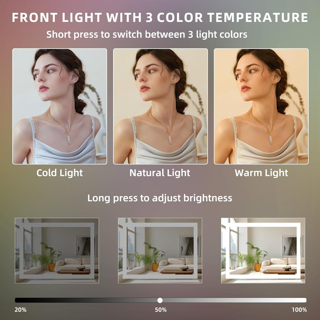 Vanity Mirror with Lights, 23" x 18" RGB Backlit + Front Lit Hollywood Makeup Mirror LED Strip with 3 Colors Modes