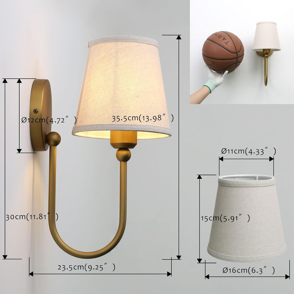 Antique Linen Fabric Wall Sconces Set of 2, Hardwired Curved Arm Bathroom Vanity Light, Indoor Wall Decor Lamp