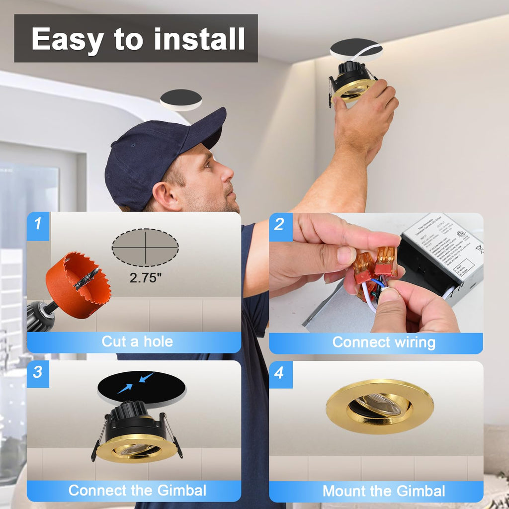 3 Inch Gimbal LED Recessed Lights 6 Pack,Adjustable Downlight, Gold