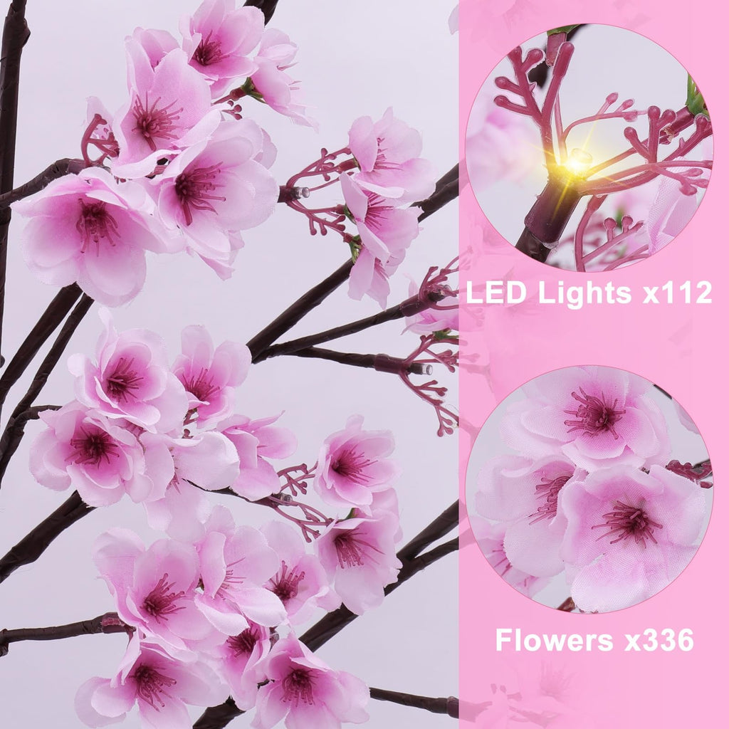 6FT Lighted Cherry Blossom Tree - Faux Artificial Light Up Cherry Blossom Trees with 112 Lights, 336 Lush Flowers