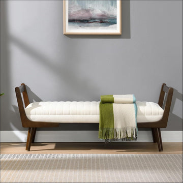 52" Upholstered Bench, Beige Chenille, Walnut Legs | Mid-century modern ottoman with high-resilience foam, sturdy