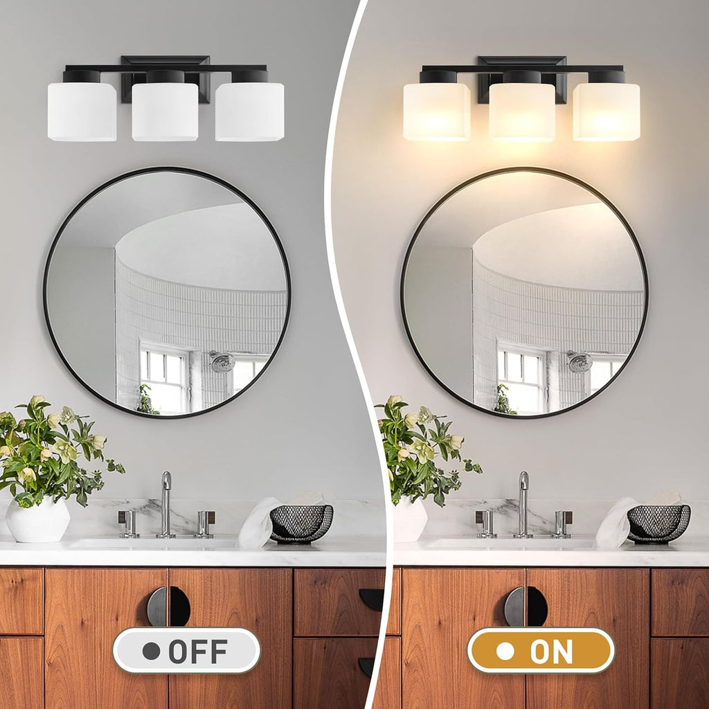 3-Light Bathroom Light Fixtures - Black Bathroom Vanity Lights with Frosted Glass Shade Modern Bathroom Lighting
