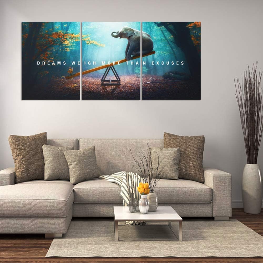 Elephant Wall Art, Motivational Inspirational Canvas Wall Art, 3 Pieces Elephant Painting Prints Wall Decor Bedroom - Set of 3