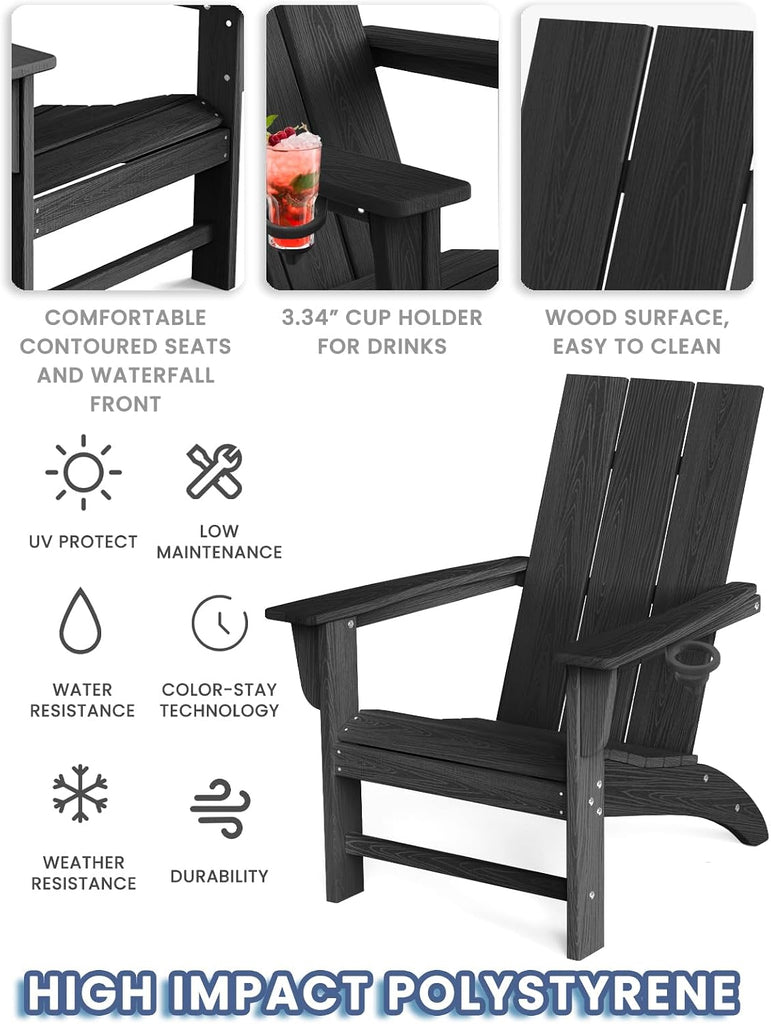 Modern Adirondack Chair with Cup Holder, HDPE Plastic Patio Chairs | Wood Texture Outdoor Chairs, Lawn Chairs for