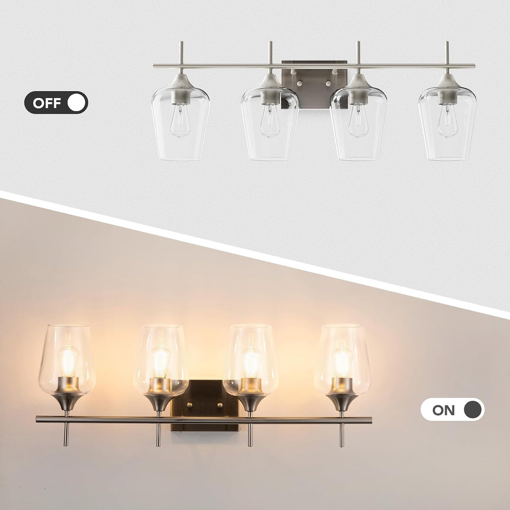 4 Light Bathroom Vanity Light Fixture,Brushed Nickel | Wine Glass Shades, E26 Sockets, Easy to install, Vanity Lights