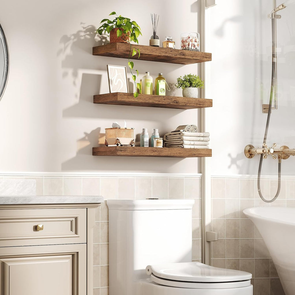 Floating Shelves for Wall, 23.6" Wall Shelf Set of 3 with Invisible Brackets, 1.5" Thick Hanging Shelves Farmhouse