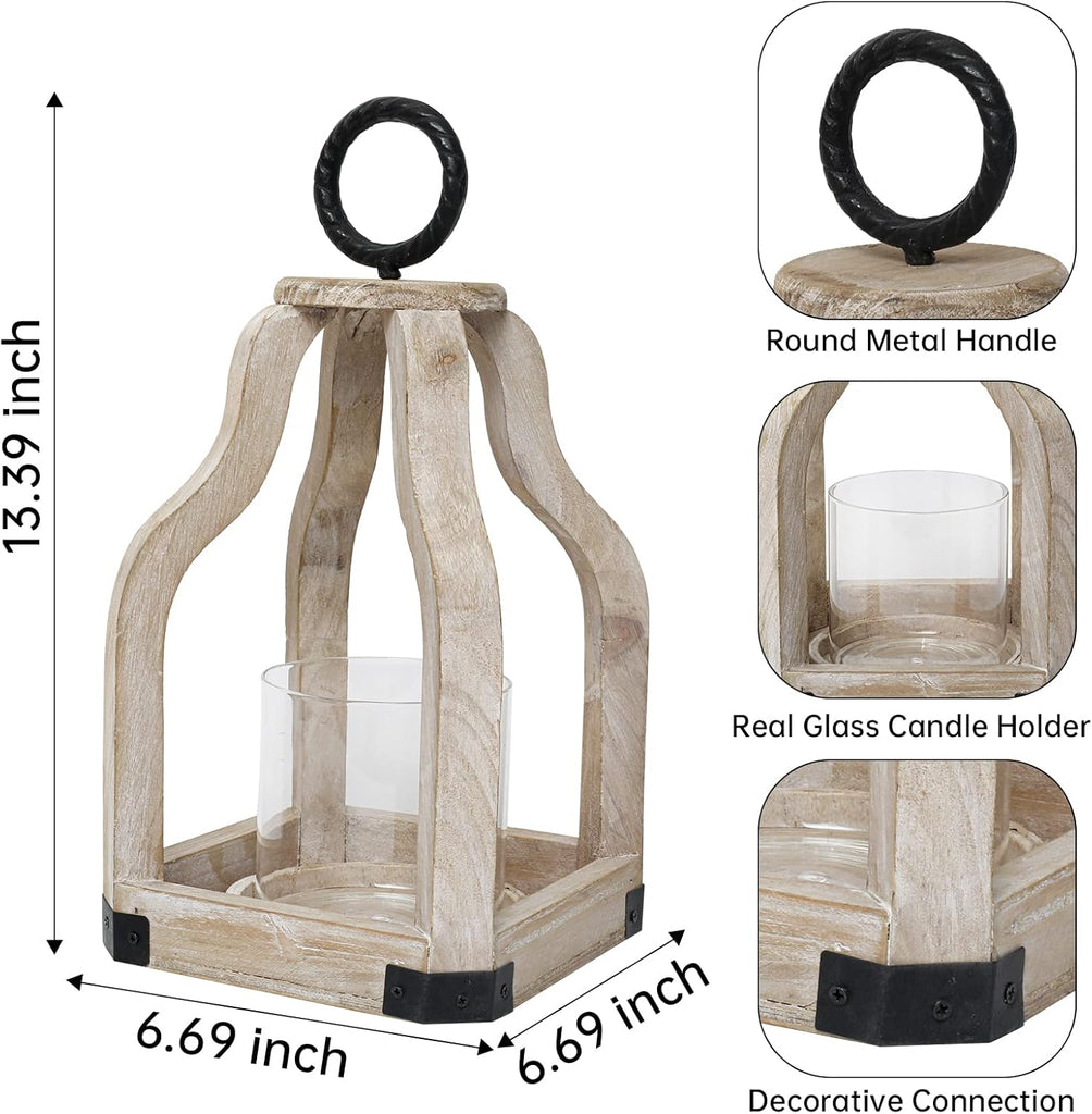 13" Rustic Farmhouse Wood Candle Hurricane Lantern with Glass Candlestick Holder for Patio, Table Centerpiece, White