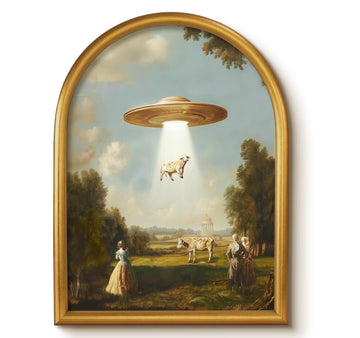 Vintage Gold Framed Wall Art, Whimsical UFO and Cow Arched Wall Decor, Classic Landscape Artwork with The Middle