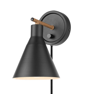 Dimmable Plug-in or Hardwire Wall Sconce, Matte Black, Faux Walnut Accent, Stepless Dimming Rotary Switch on