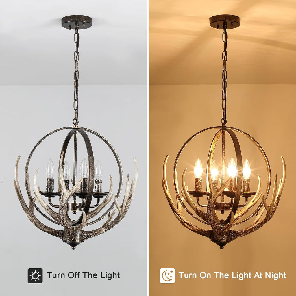 20" Retro Antler Chandelier, 4-Light Rustic Farmhouse Black Chandeliers Adjustable Height for Dining Room Kitchen
