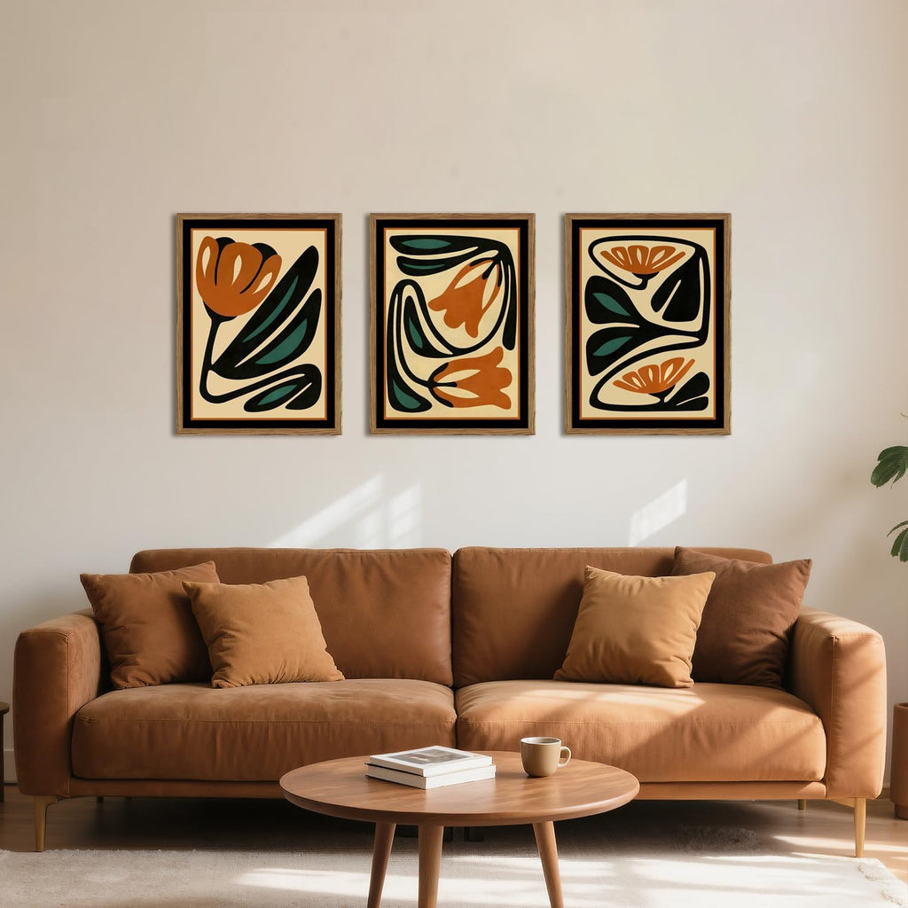Mid Century Floral Wall Art Set of 3, Modern Abstract Botanical Wall Decor Picture, Vintage Boho Eclectic Plant