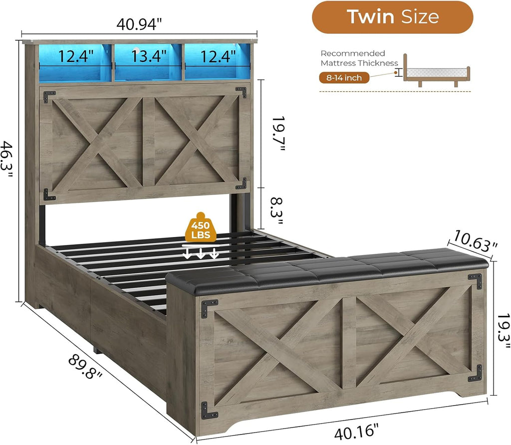 Farmhouse Twin Bed Frame with Storage Headboard and Charging Station Wood Platform Bed Frame Twin Size with Storage