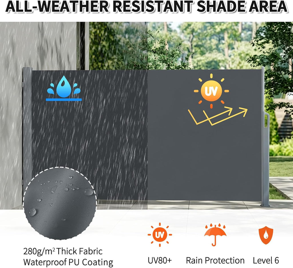 276"x71" Retractable Double Side Awning Patio Privacy Screen, Grey | Patio Folding Privacy Divider,Full Aluminum