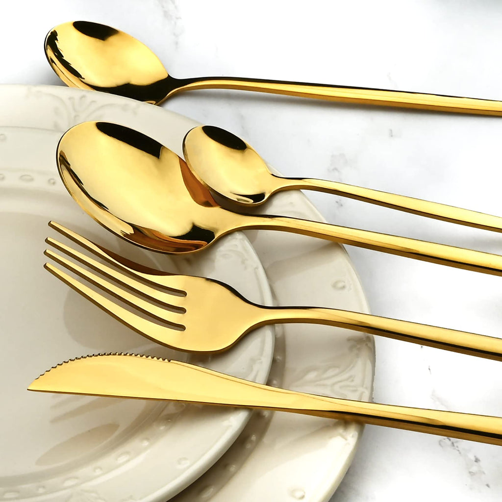 Gold 36-Pieces Silverware Flatware Mirror Polished Dinnerware, 18/0 Stainless Steel Cutlery Set Kitchen Party Hotel
