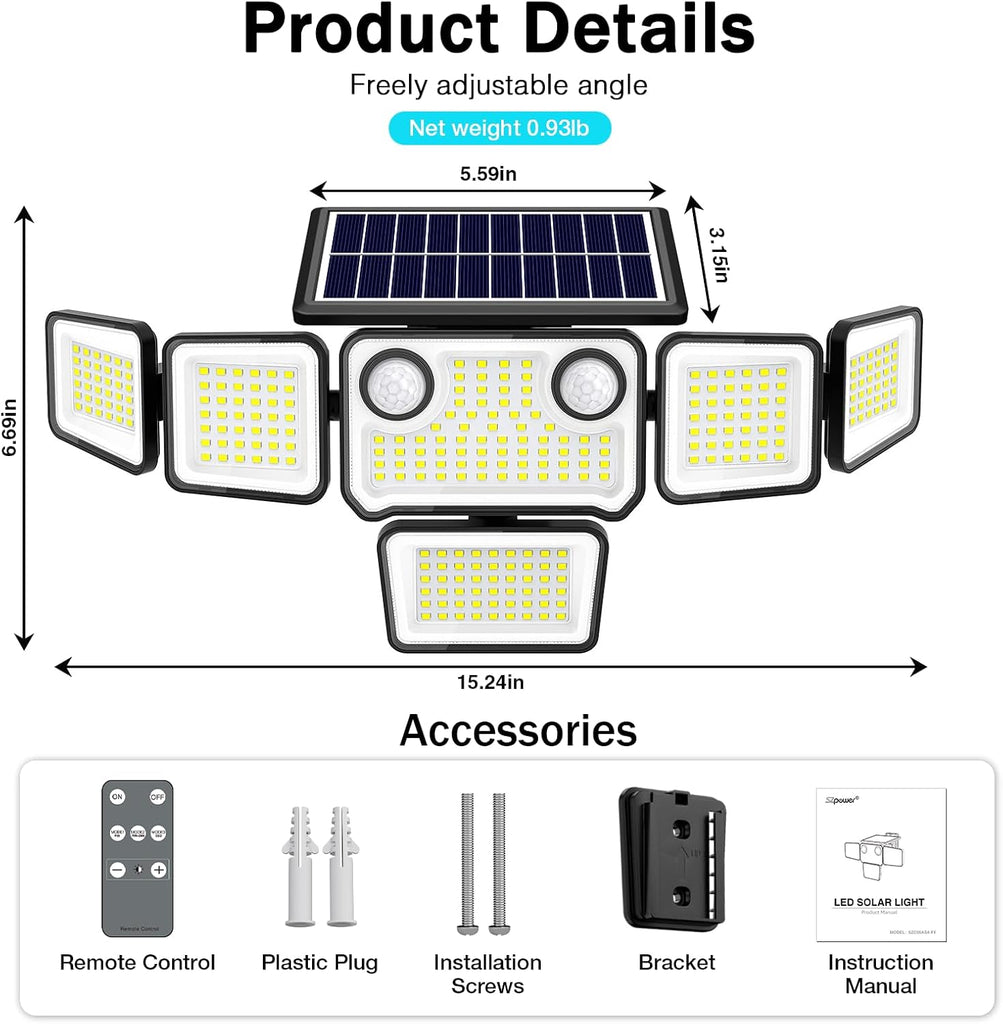 6000LM Solar Lights Outdoor Waterproof, 6 Heads Solar Flood Lights Outdoor with 2 Motion Sensor, 310 LED Motion Light